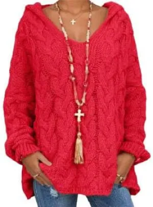 V Neck Hoodie Sweaters for Women, Trendy Oversized Long Sleeves Cable Knit Tops Vintage Chunky Drop Shoulder Pullover Sweater