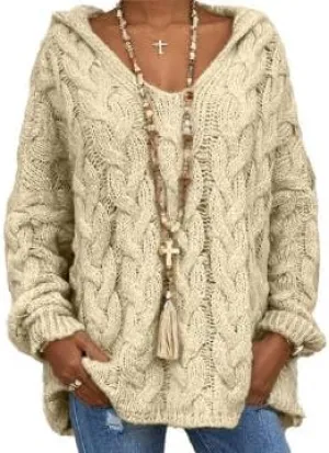 V Neck Hoodie Sweaters for Women, Trendy Oversized Long Sleeves Cable Knit Tops Vintage Chunky Drop Shoulder Pullover Sweater