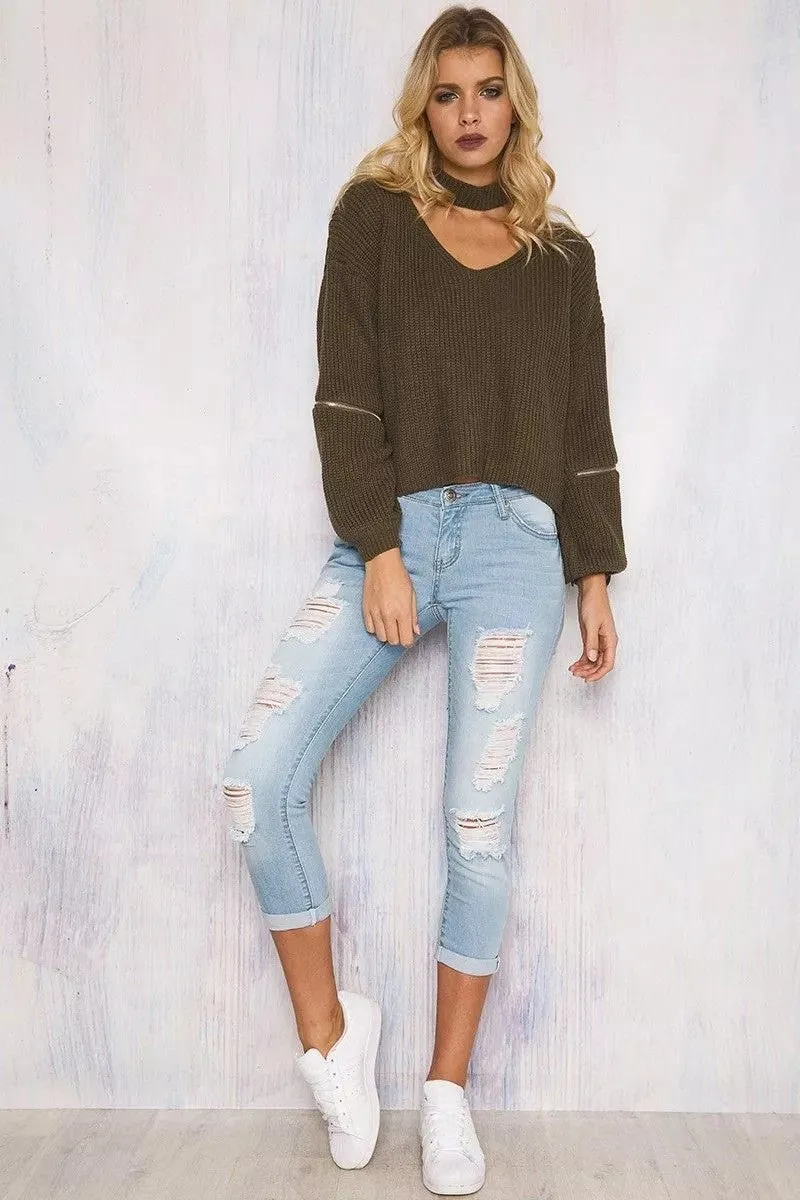 V-neck Long Sleeves Zipper Pure Color Pullover Sweater