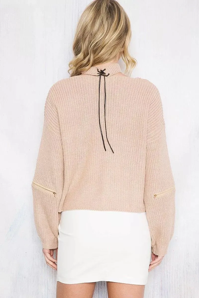 V-neck Long Sleeves Zipper Pure Color Pullover Sweater