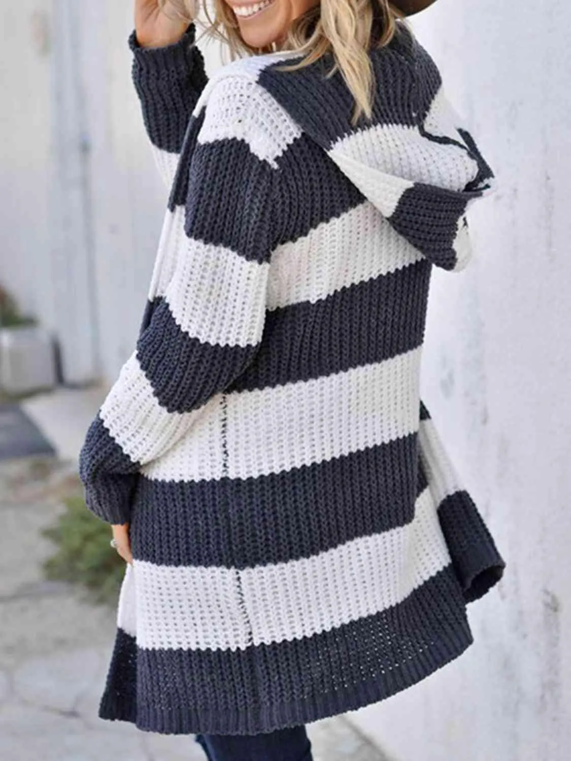 Warm Protection Striped Hooded Long Cardigan