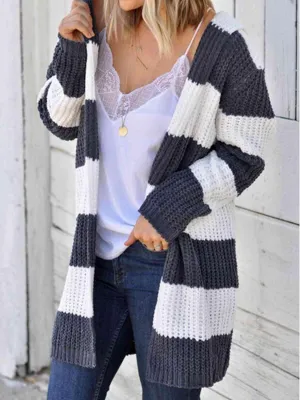 Warm Protection Striped Hooded Long Cardigan