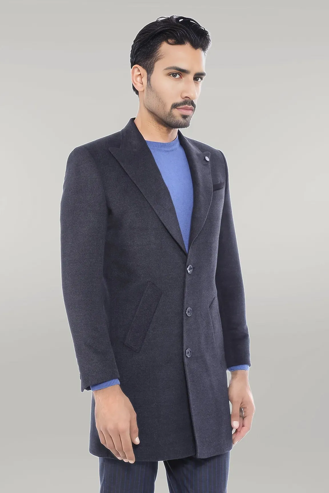Wide Pointed Collar Smoked Over Knee Men Coat - Wessi