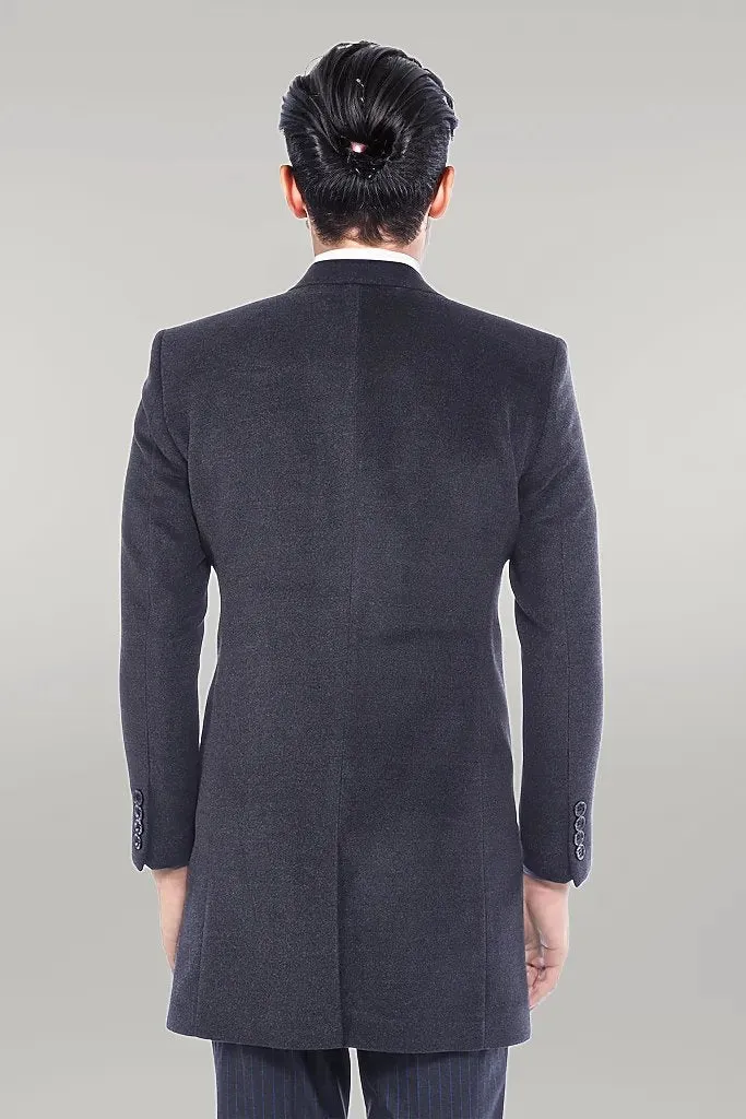 Wide Pointed Collar Smoked Over Knee Men Coat - Wessi