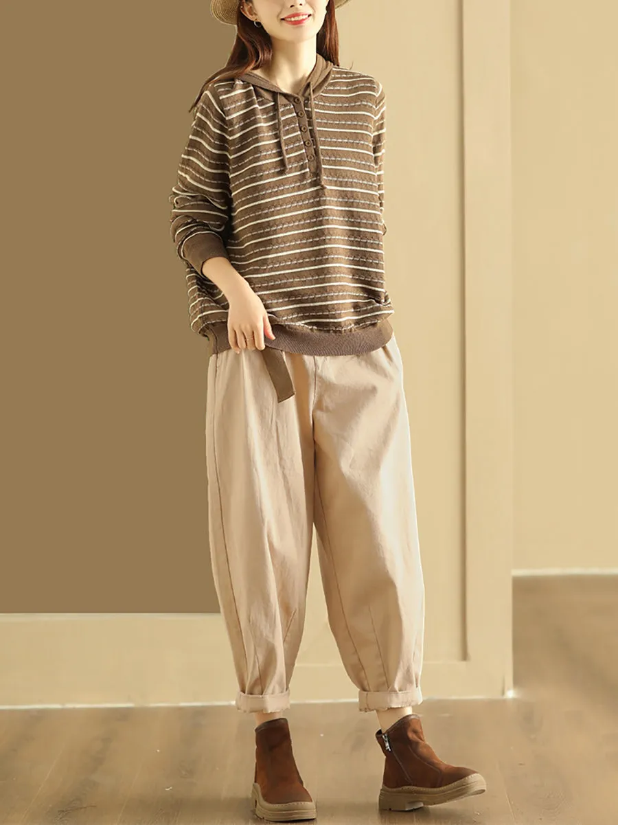 Women Casual Stripe Loose Warm Hooded Sweater