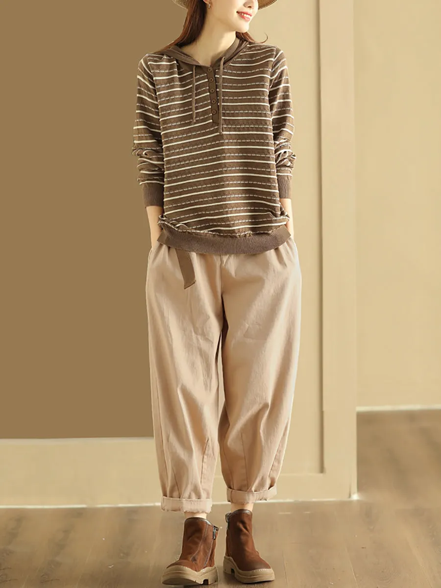 Women Casual Stripe Loose Warm Hooded Sweater