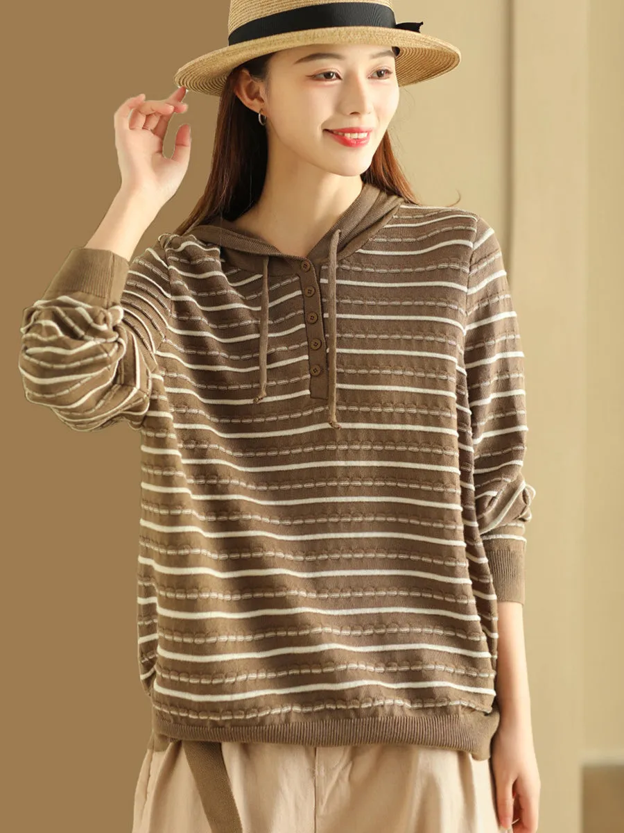 Women Casual Stripe Loose Warm Hooded Sweater