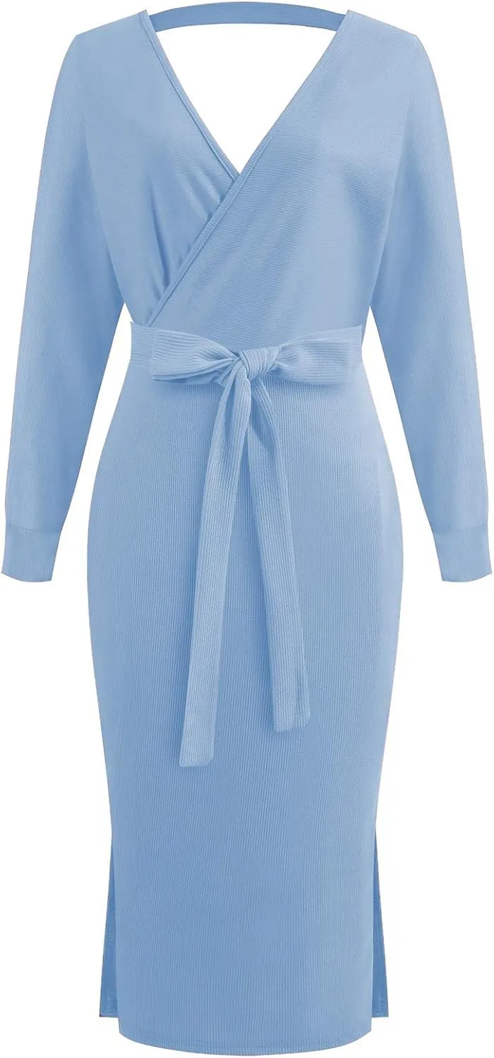 Women's Sexy Cocktail Batwing Long Sleeve Wrap Knit Sweater Dress Fashion V Neck Bodycon Pencil Midi Dresses