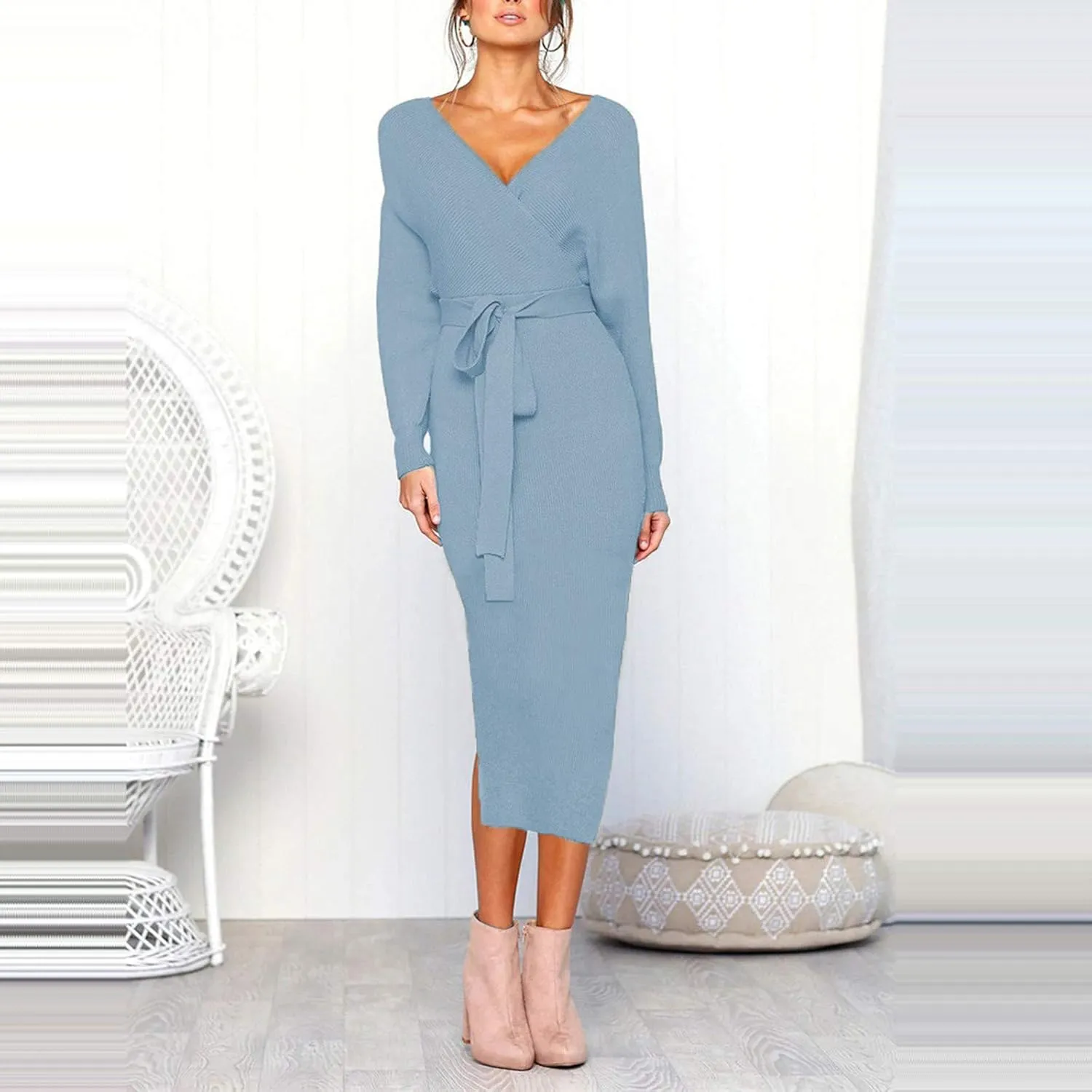 Women's Sexy Cocktail Batwing Long Sleeve Wrap Knit Sweater Dress Fashion V Neck Bodycon Pencil Midi Dresses