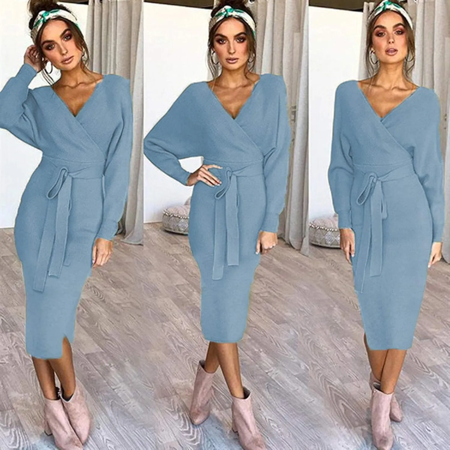Women's Sexy Cocktail Batwing Long Sleeve Wrap Knit Sweater Dress Fashion V Neck Bodycon Pencil Midi Dresses