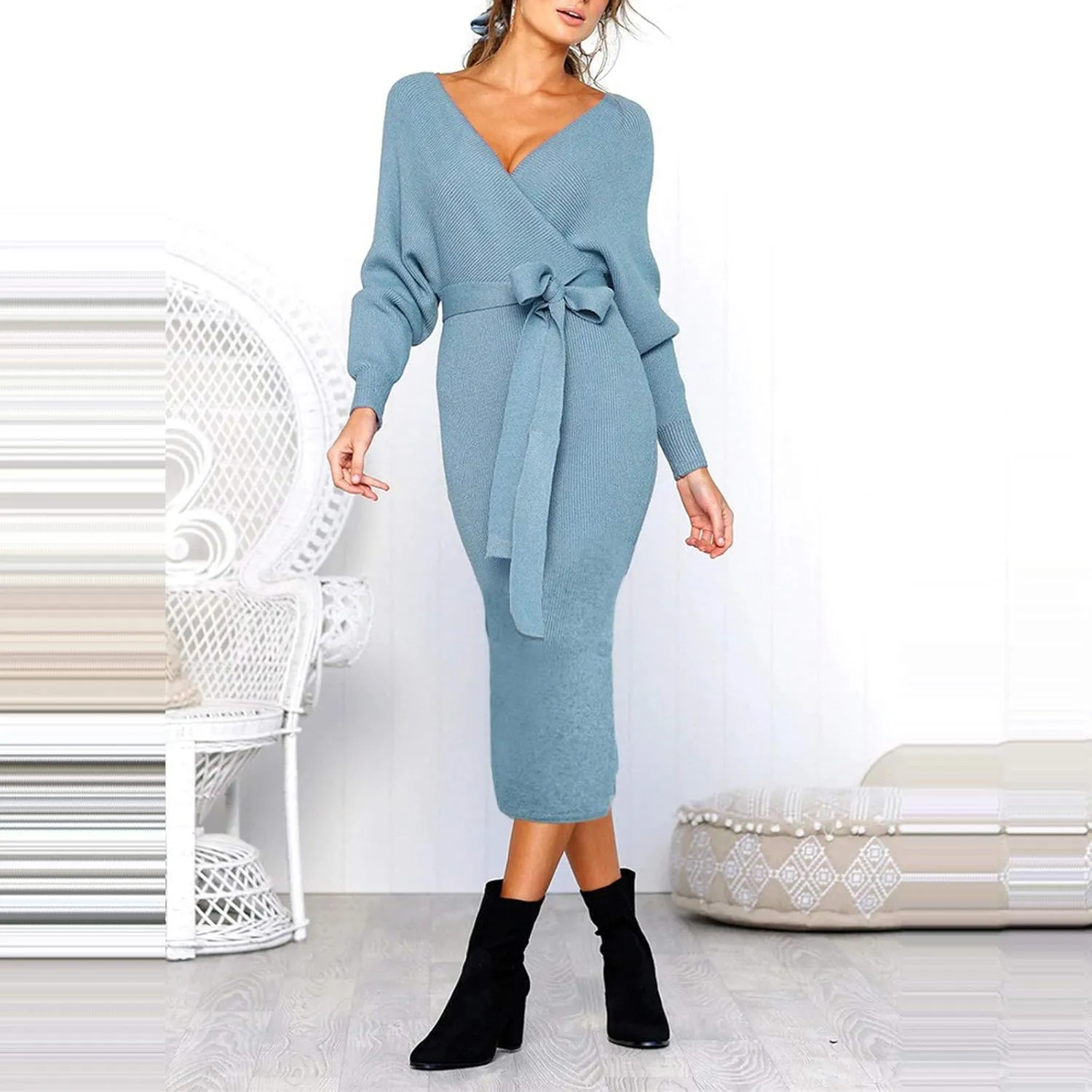 Women's Sexy Cocktail Batwing Long Sleeve Wrap Knit Sweater Dress Fashion V Neck Bodycon Pencil Midi Dresses