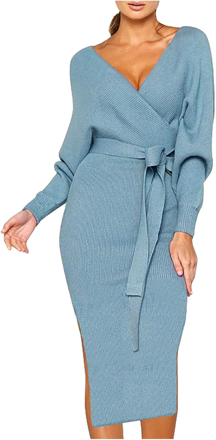 Women's Sexy Cocktail Batwing Long Sleeve Wrap Knit Sweater Dress Fashion V Neck Bodycon Pencil Midi Dresses