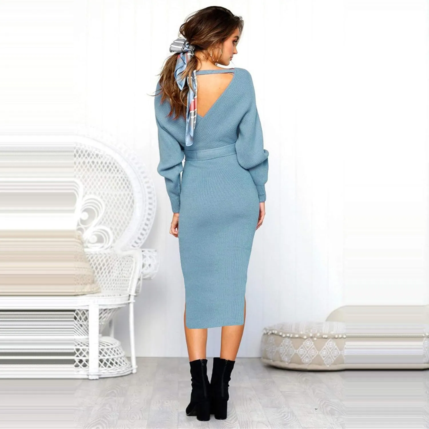 Women's Sexy Cocktail Batwing Long Sleeve Wrap Knit Sweater Dress Fashion V Neck Bodycon Pencil Midi Dresses