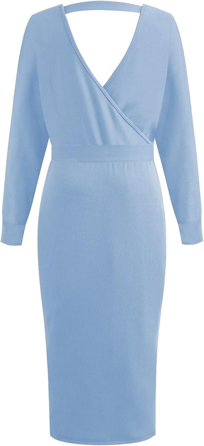 Women's Sexy Cocktail Batwing Long Sleeve Wrap Knit Sweater Dress Fashion V Neck Bodycon Pencil Midi Dresses