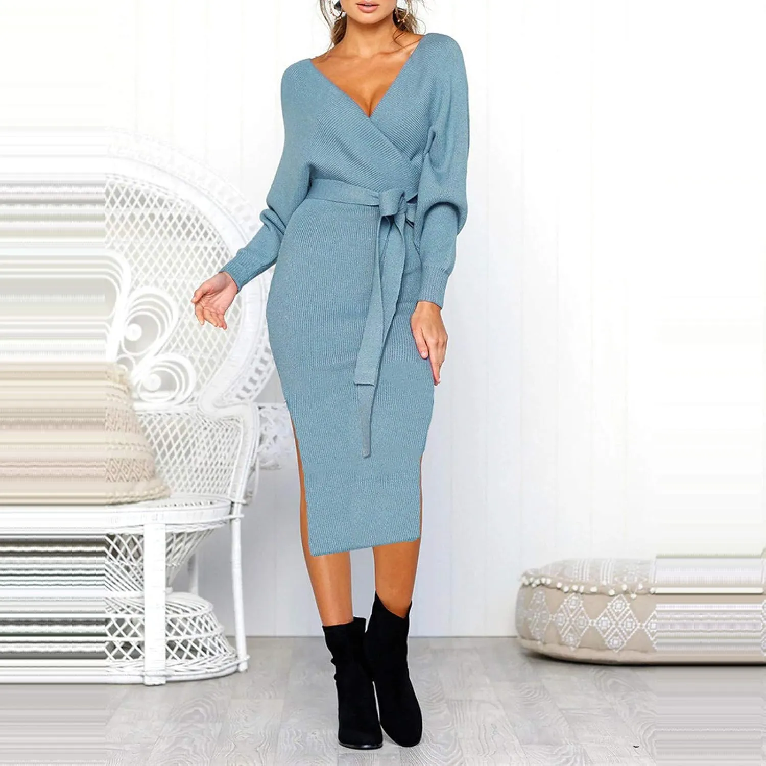Women's Sexy Cocktail Batwing Long Sleeve Wrap Knit Sweater Dress Fashion V Neck Bodycon Pencil Midi Dresses