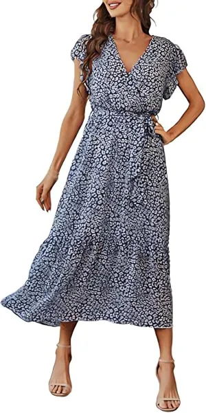 Women's Summer Floral Dress V Neck Short Sleeve Maxi Dress Flowy Ruffle Dress Trendy Chiffon Wedding Guest Dress
