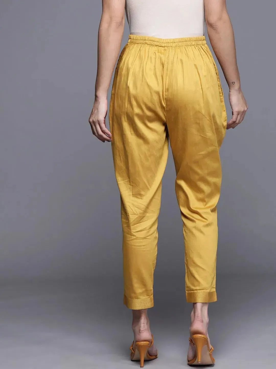 Yellow Solid Silk Trousers
