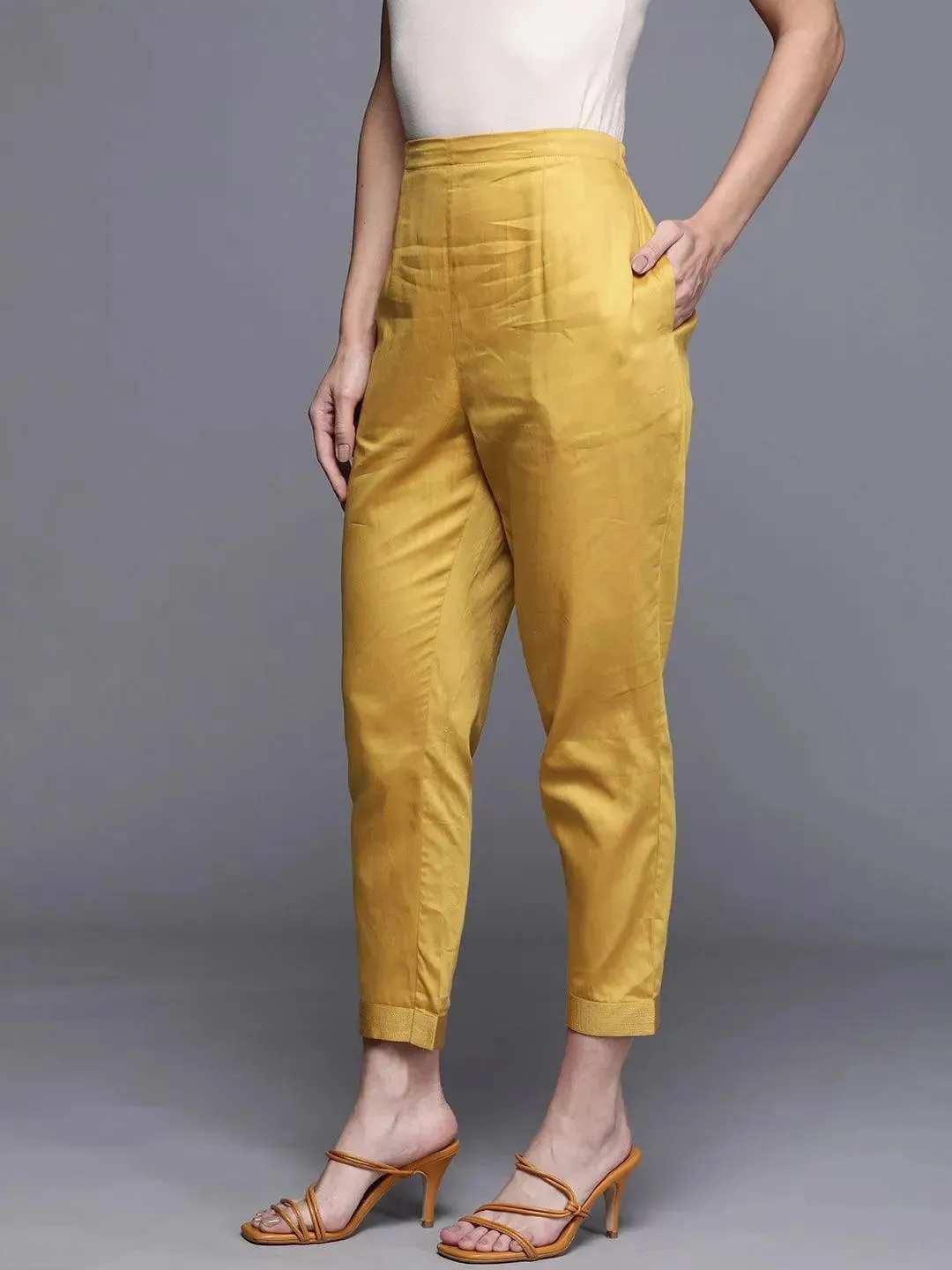 Yellow Solid Silk Trousers