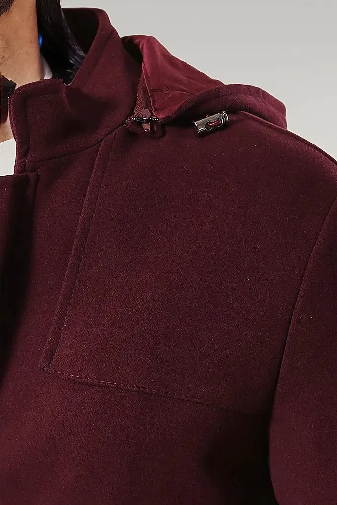 Zippered Sleeve Hooded Burgundy Coat - Wessi