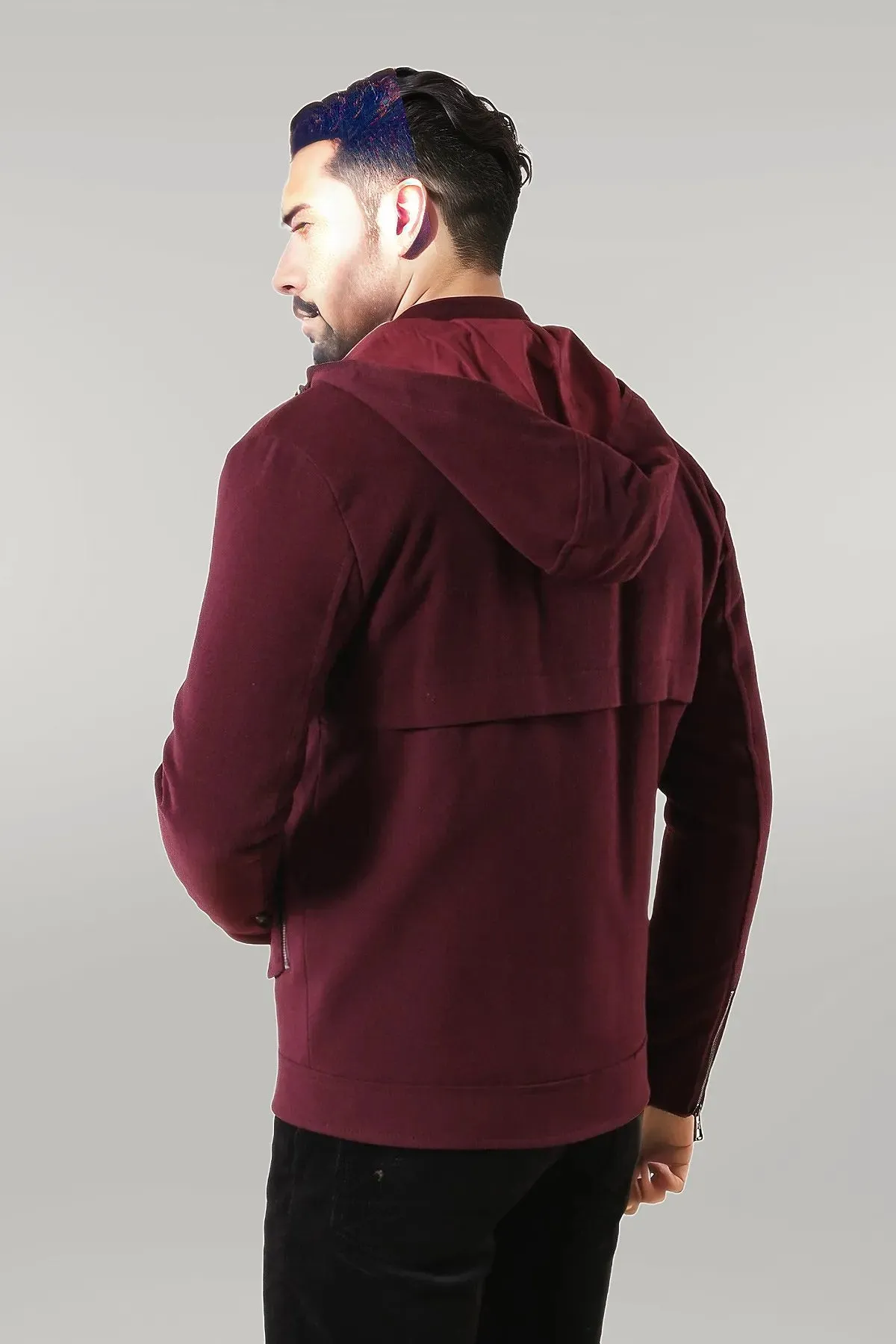 Zippered Sleeve Hooded Burgundy Coat - Wessi