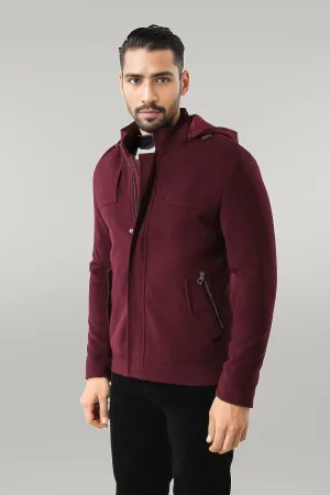 Zippered Sleeve Hooded Burgundy Coat - Wessi