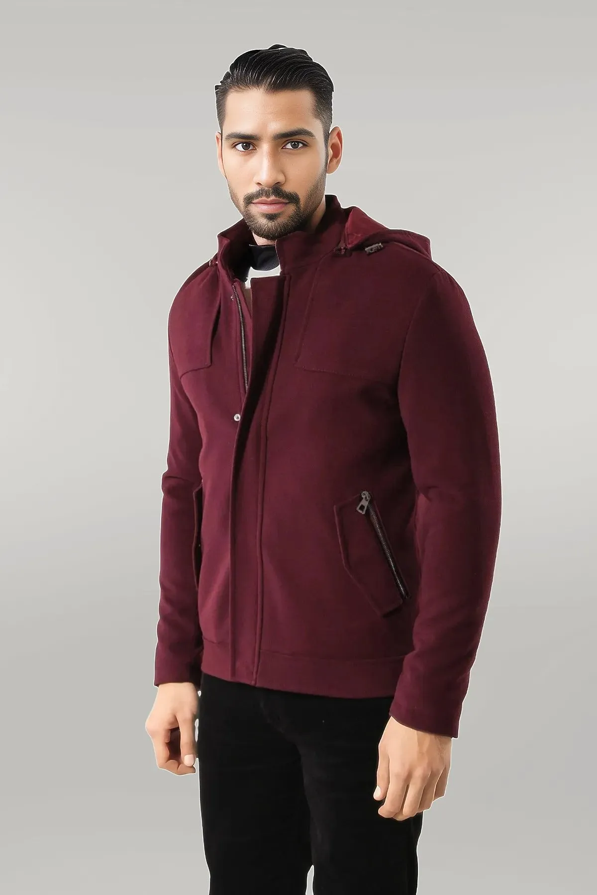 Zippered Sleeve Hooded Burgundy Coat - Wessi